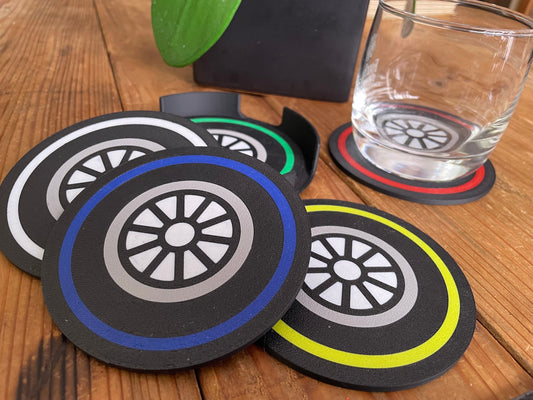 Tire Coaster Set (5 coasters w/ free holder) | F1 Gifts | Home Decor | Formula 1 | Formula One Fan