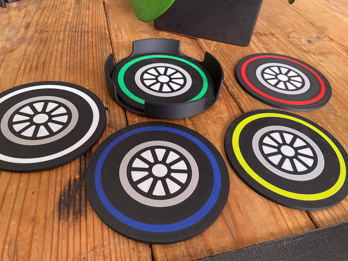 F1 Tire Coaster Set with Holder | Formula 1 Gift