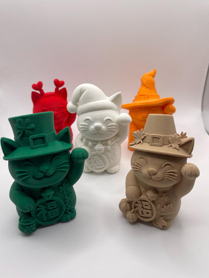 Lucky Cat Figurine | Seasonal 3D Printed Cat Decor