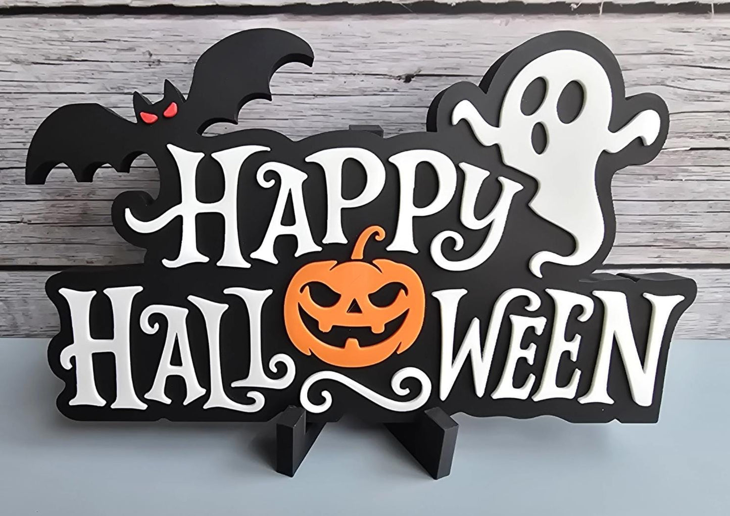 Happy Halloween Sign | Halloween Decor | 3D Printed Table Sign or Fridge Magnet | Bat Ghost Pumpkin Shelf Decor | Fall Decor