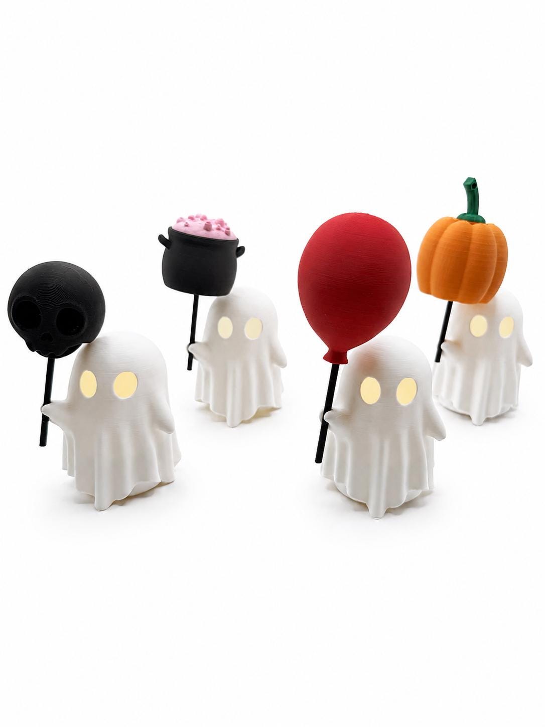 Ghost LED Tea Light Decor – Cute Halloween Ghost with Balloon, Pumpkin, Skull or Cauldron – Glowing Ghost Decoration