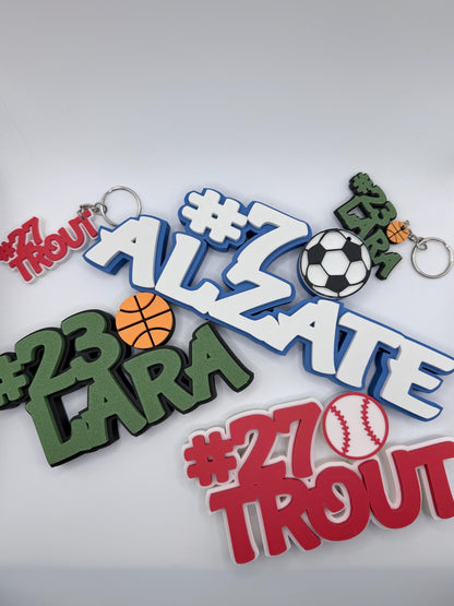 Personalized Sports Name Sign, Jersey Number Keychain
