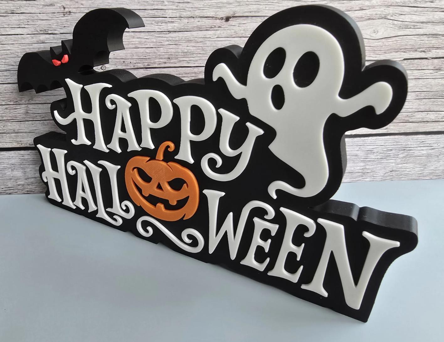 Happy Halloween Sign | Halloween Decor | 3D Printed Table Sign or Fridge Magnet | Bat Ghost Pumpkin Shelf Decor | Fall Decor