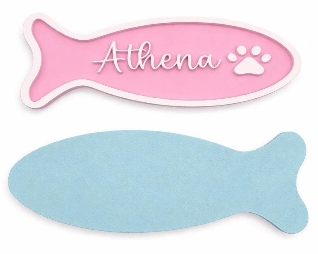 Personalized Cat Name Sign Fish Shape, Custom Pet Name Plaque, Cat Bowl Decor, Cute Pet Sign, Custom Colors Cat Gift