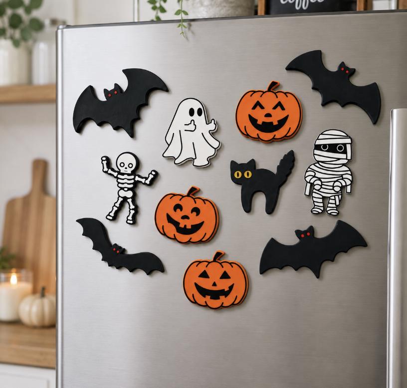 Halloween Fridge Magnets Set | 3D Printed Halloween Magnets | Pumpkin Bat Cat Mummy Ghost Skeleton | Spooky Kitchen Decor