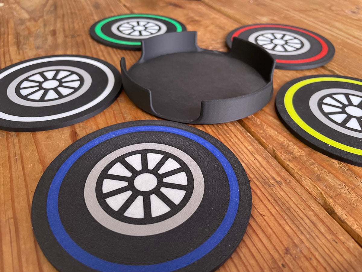 F1 Tire Coaster Set with Holder | Formula 1 Gift