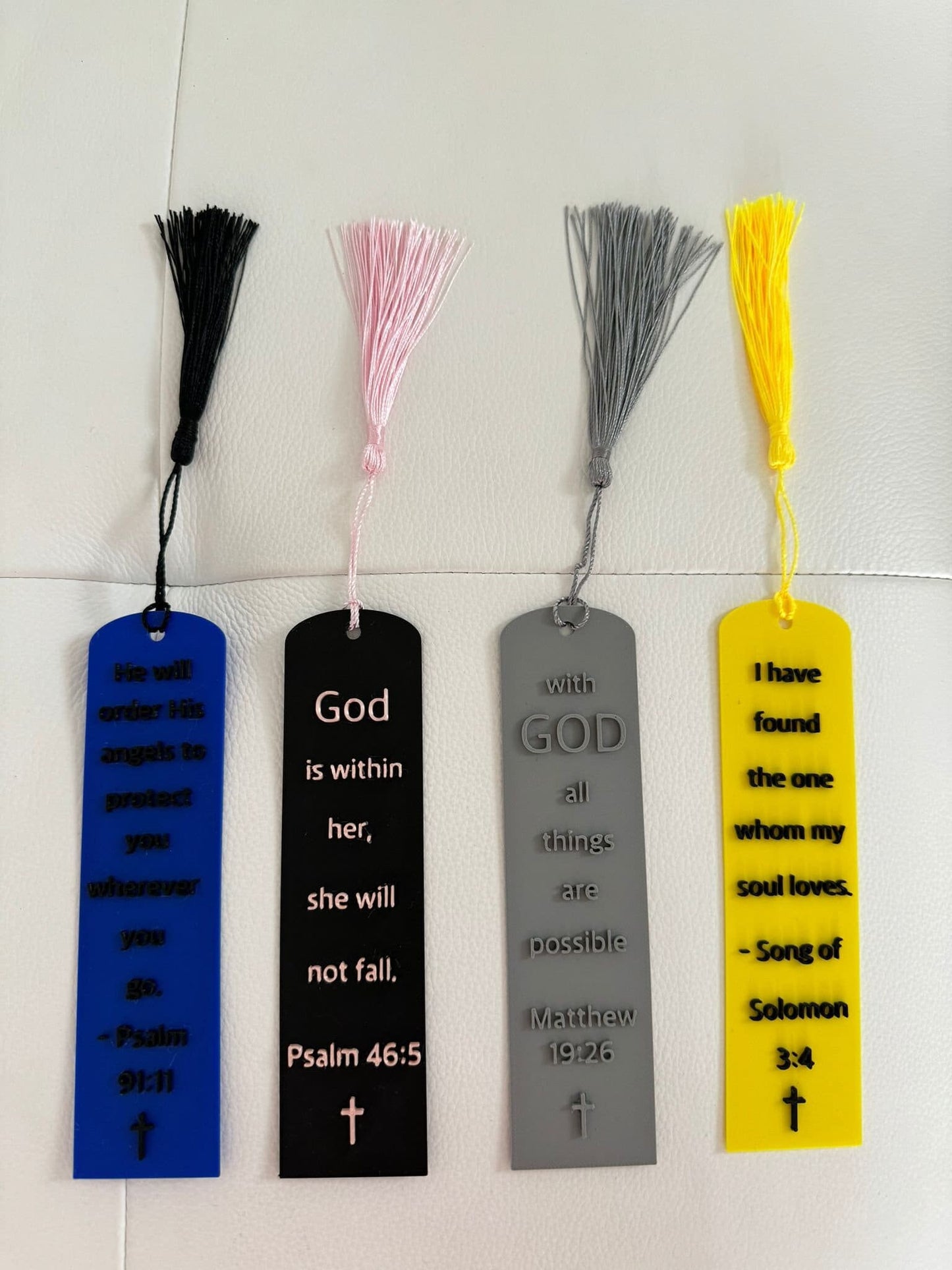 Set of 4 Customizable Inspirational Christian Bookmarks with Tassels - Personalized Scripture Verses & Cross Design - Christian Verses- God
