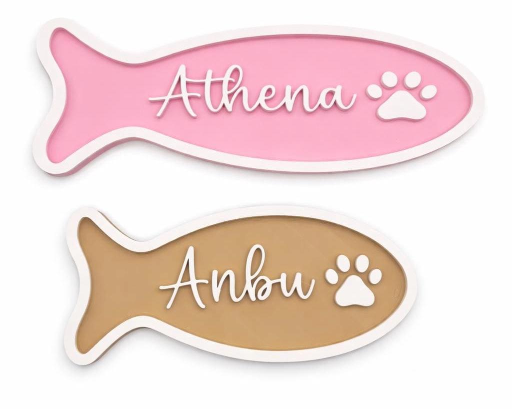 Personalized Cat Name Sign Fish Shape, Custom Pet Name Plaque, Cat Bowl Decor, Cute Pet Sign, Custom Colors Cat Gift