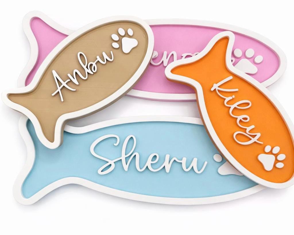Personalized Cat Name Sign Fish Shape, Custom Pet Name Plaque, Cat Bowl Decor, Cute Pet Sign, Custom Colors Cat Gift