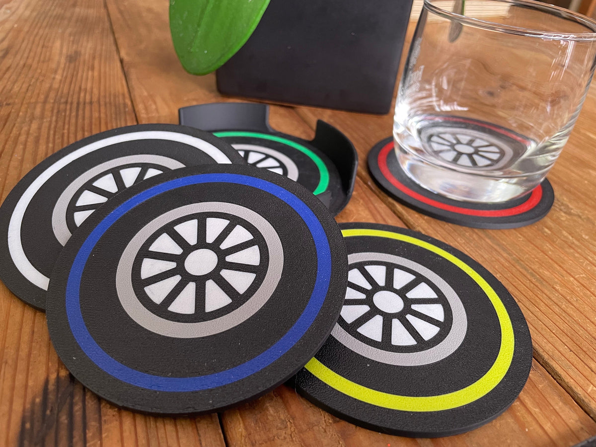 F1 Tire Coaster Set with Holder, Formula 1 Gift