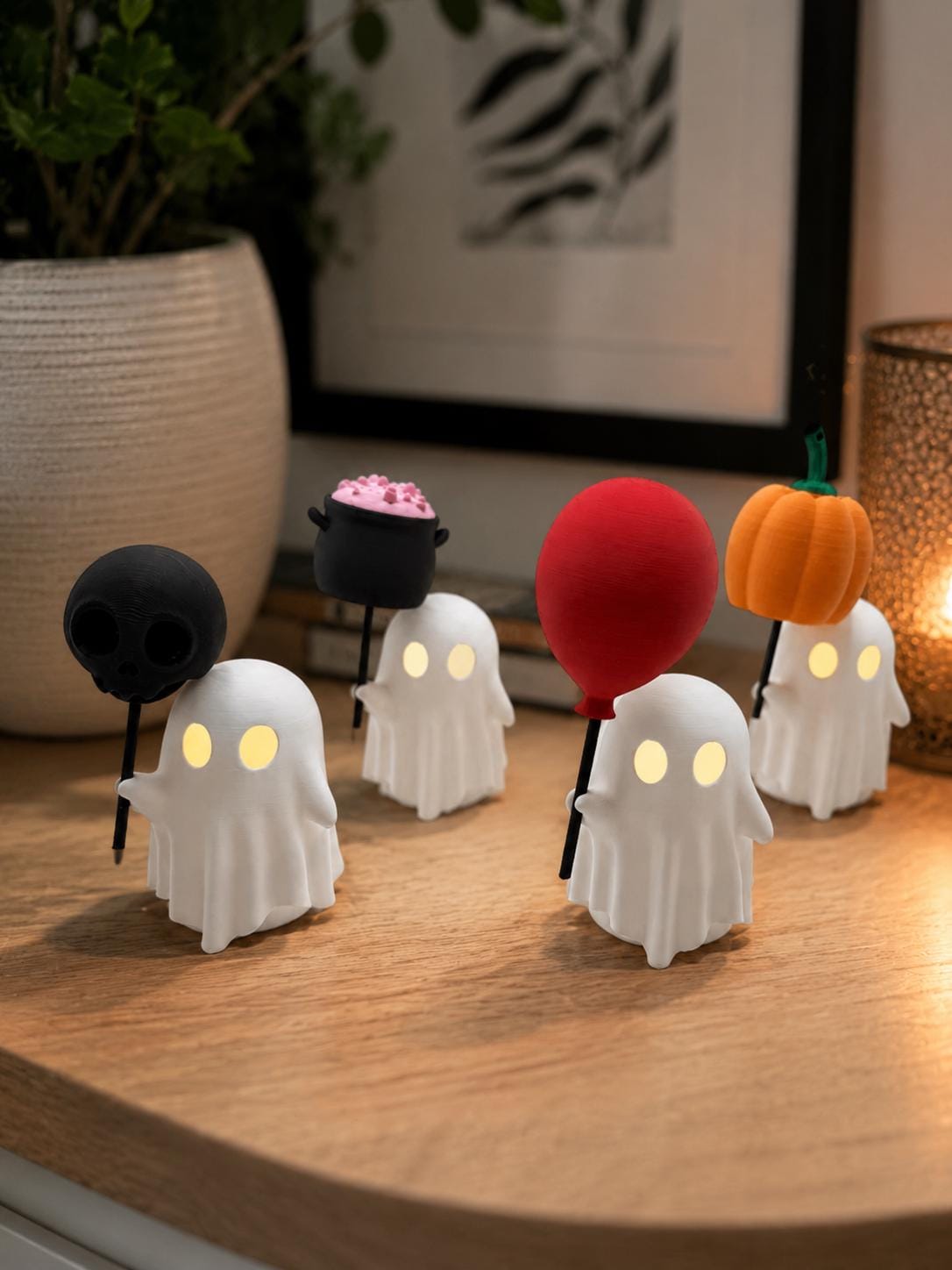 Ghost LED Tea Light Decor – Cute Halloween Ghost with Balloon, Pumpkin, Skull or Cauldron – Glowing Ghost Decoration