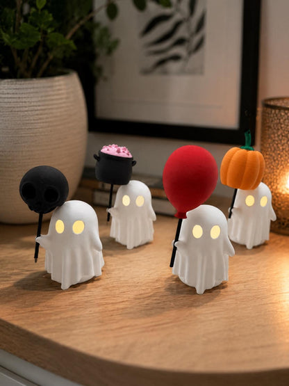 Ghost LED Tea Light Decor – Cute Halloween Ghost with Balloon, Pumpkin, Skull or Cauldron – Glowing Ghost Decoration